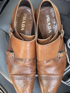 Prada Men's Cognac Leather Double Monk Strap Oxfords